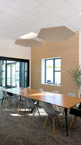 Two tan hexagon-shaped acoustic baffles suspended from ceiling in modern office space above conference table.