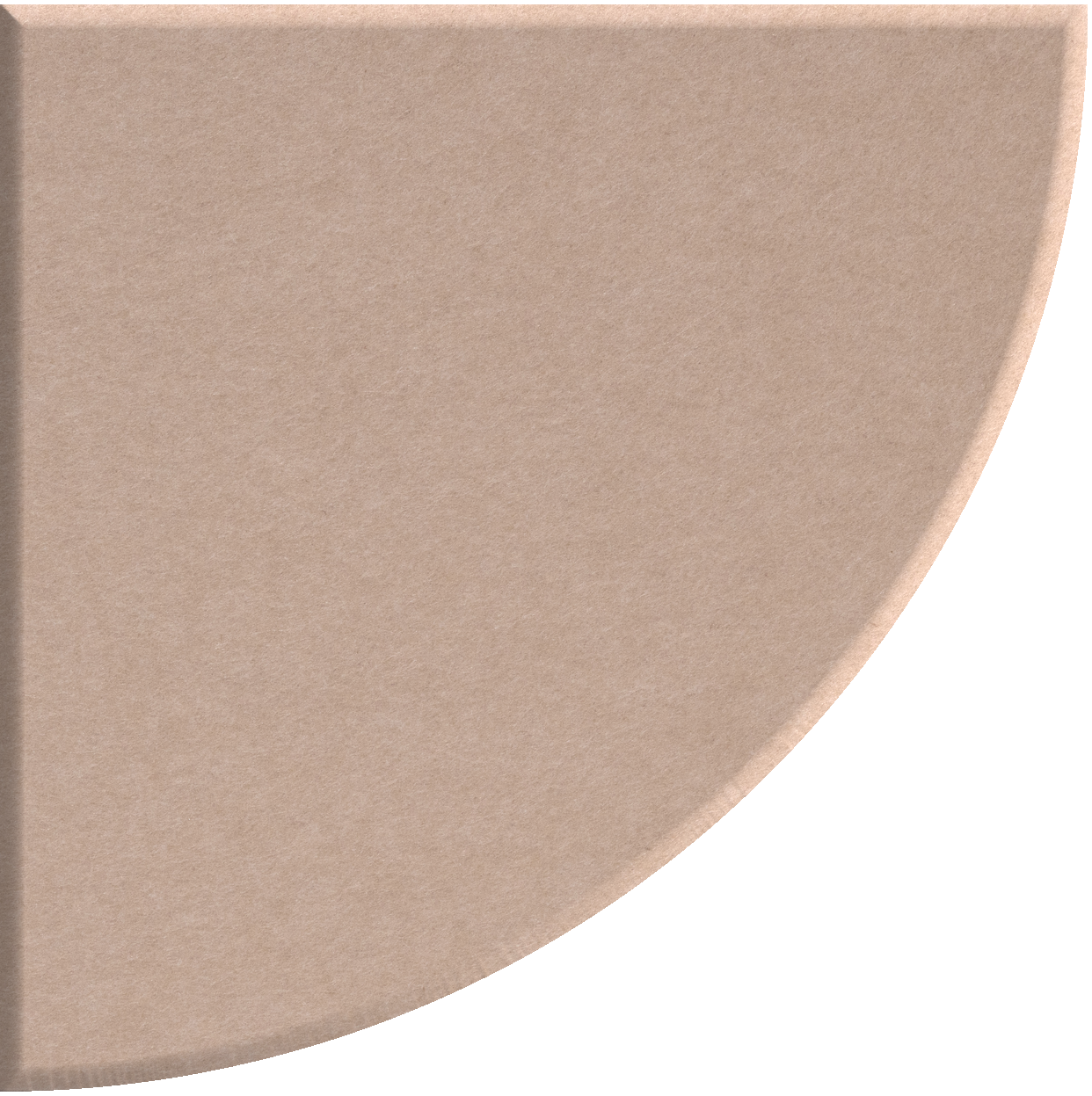 Beige quarter circle tile with curved edge and matte finish surface.