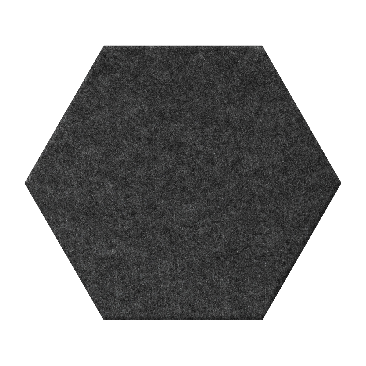 A single hexagonal dark charcoal felt or fabric swatch centered on a plain white background.