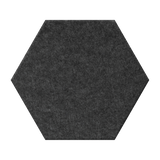 A single hexagonal dark charcoal felt or fabric swatch centered on a plain white background.