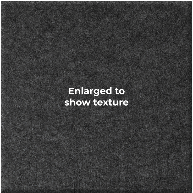 A close-up of a dark charcoal gray textured material with the centered text 'Enlarged to show texture' in white.