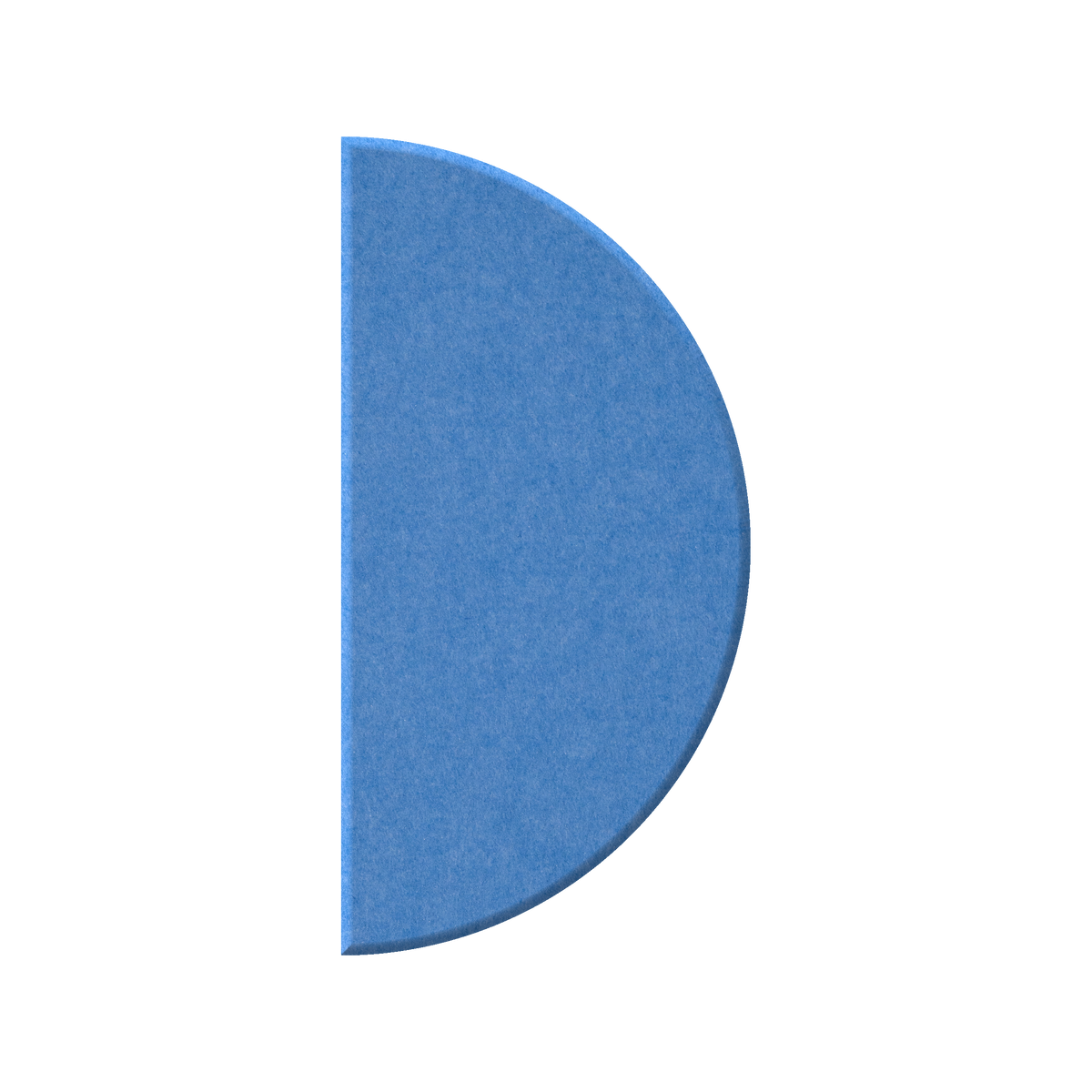 A blue semicircle-shaped felt or fabric piece with a textured surface, isolated on a solid white background.