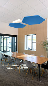 Two blue hexagonal acoustic baffles suspended from ceiling in modern office meeting room.