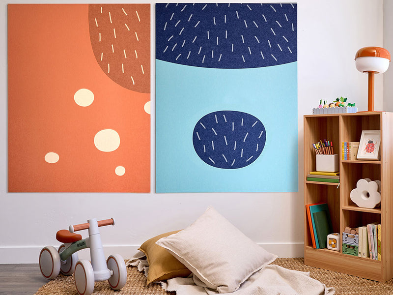 Children's room with colorful abstract wall art and a wooden bookshelf. Chilli and Bandit from Bluey Jumbo Wall Art for kids room. Blue, Orange