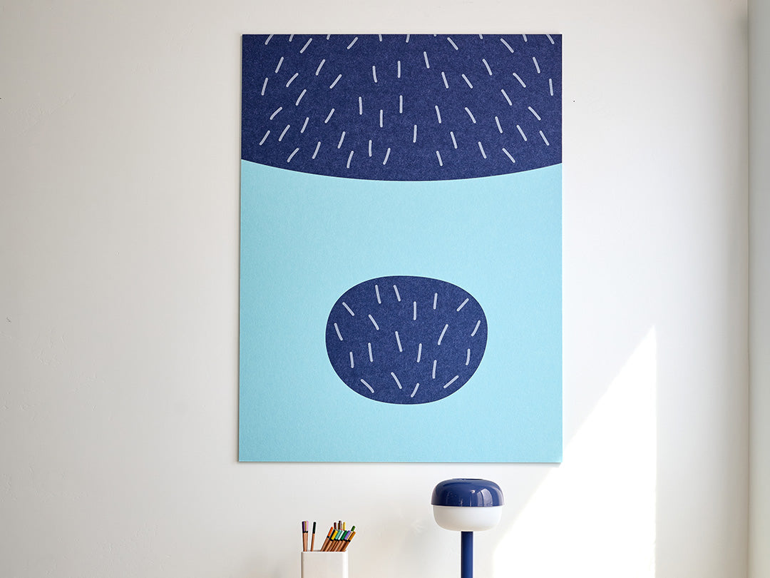 Children's room with colorful abstract wall art and a wooden bookshelf. Chilli and Bandit from Bluey Jumbo Wall Art for kids room. Blue
