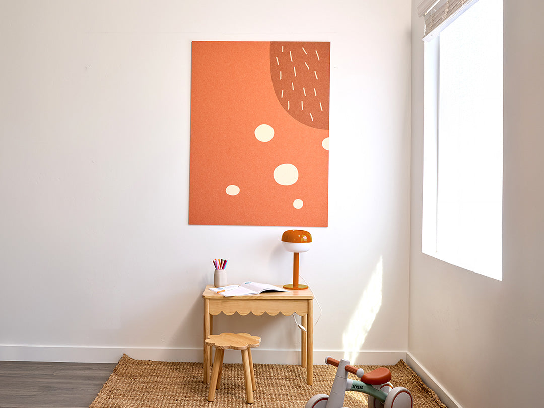 Children's room with colorful abstract wall art and a wooden bookshelf. Chilli and Bandit from Bluey Jumbo Wall Art for kids room. Orange