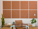 Eight-panel subway tile wall art with cinnamon orange background and periwinkle geometric line patterns.