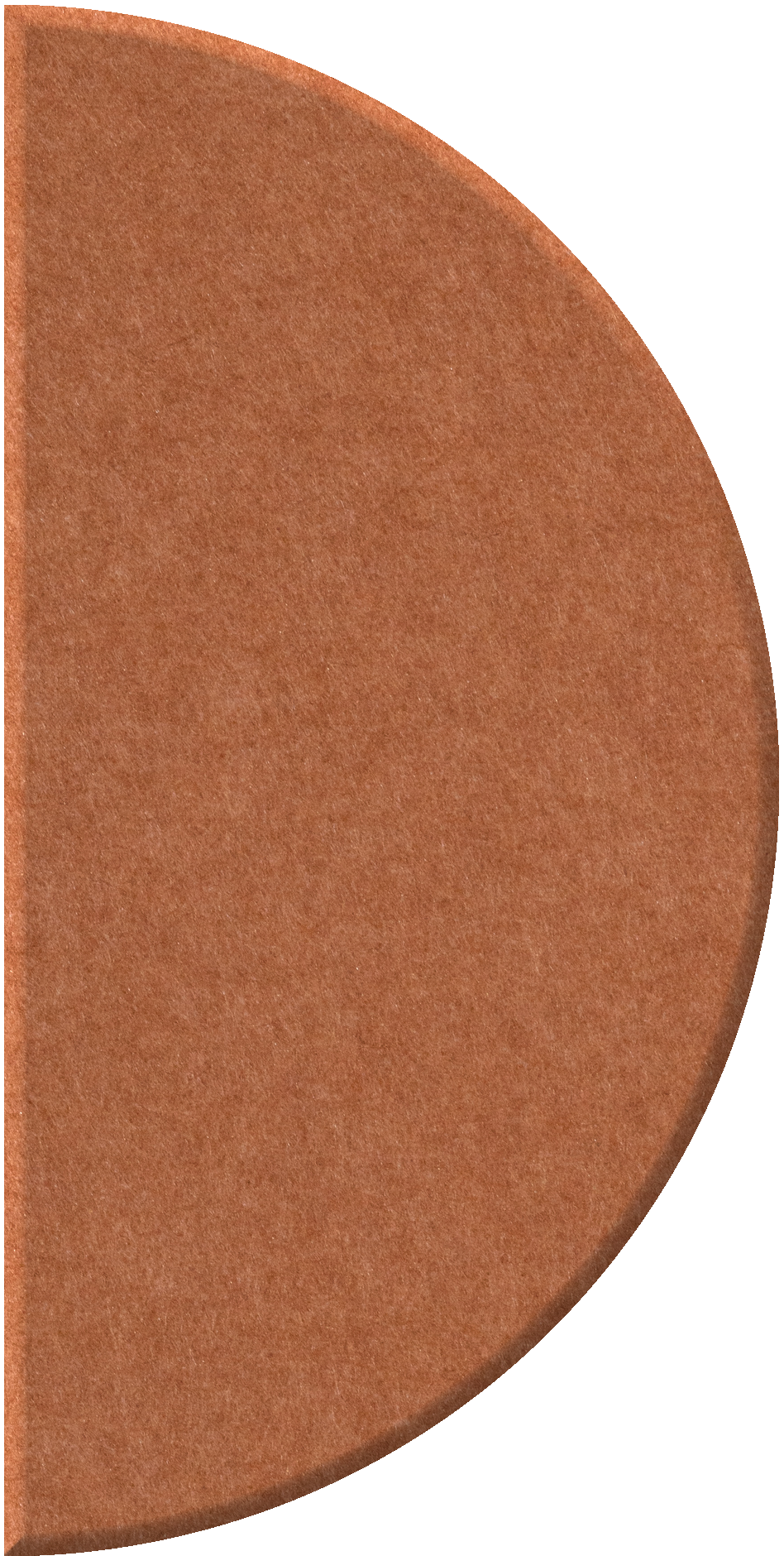 Terracotta half-circle tile with textured surface and curved edge.