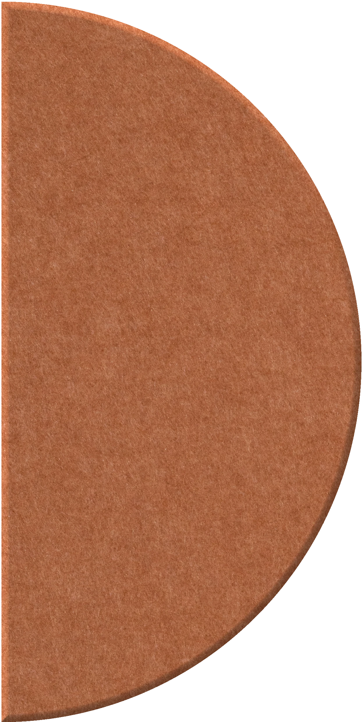 Terracotta half-circle tile with textured surface and curved edge.