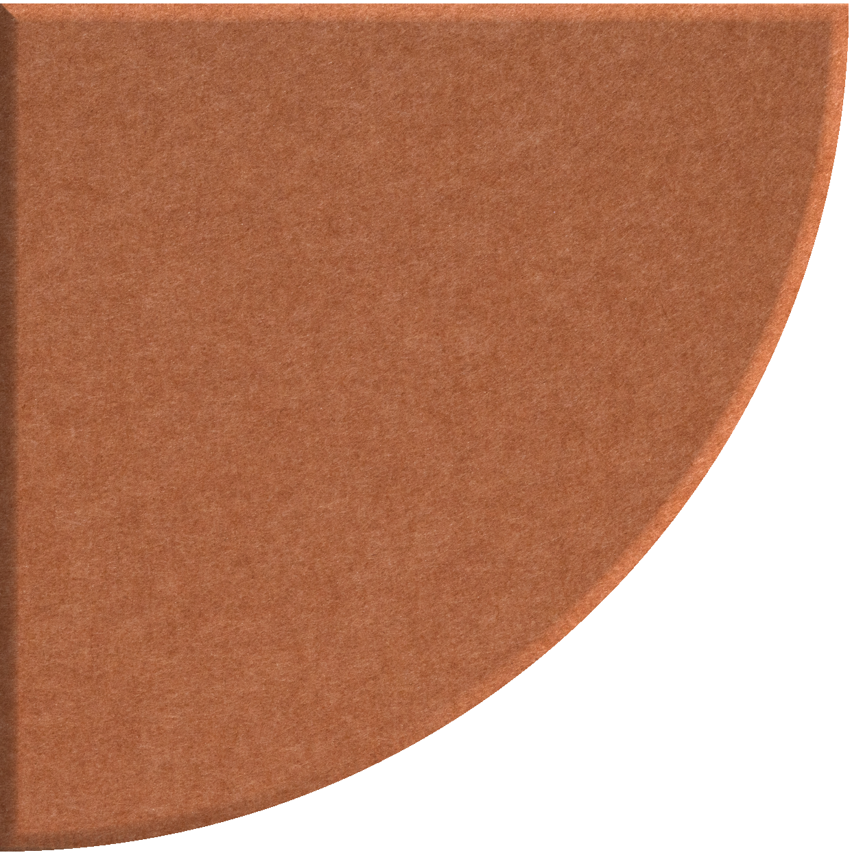 Terracotta quarter circle tile with curved edge and textured surface.