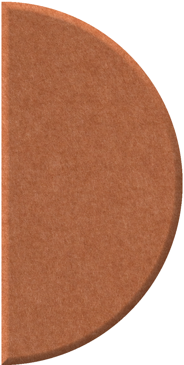 Terracotta half circle tile with textured surface and curved edge.