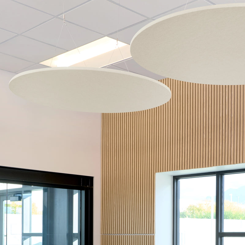 Circle Flat Cloud acoustic ceiling baffles in white felt
