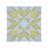 A square geometric tile pattern featuring alternating light blue-gray and pale yellow triangles and squares, arranged in a starburst design on a white background.