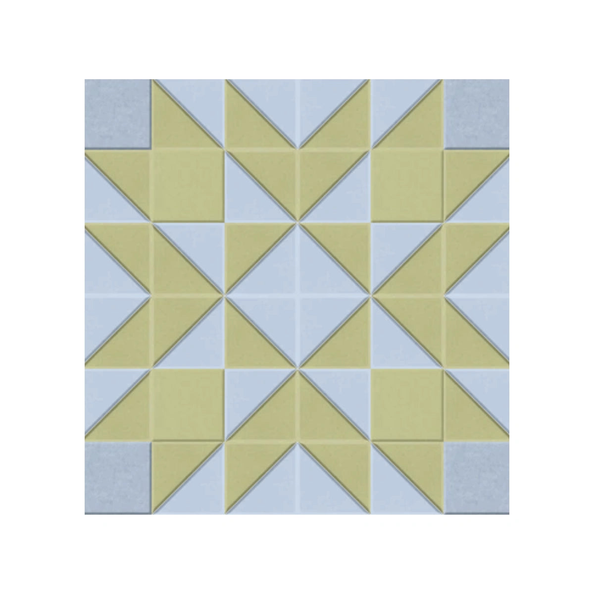 A square geometric tile pattern featuring alternating light blue-gray and pale yellow triangles and squares, arranged in a starburst design on a white background.