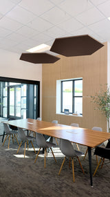 Two dark brown hexagon-shaped acoustic baffles suspended from ceiling above conference table in office space.
