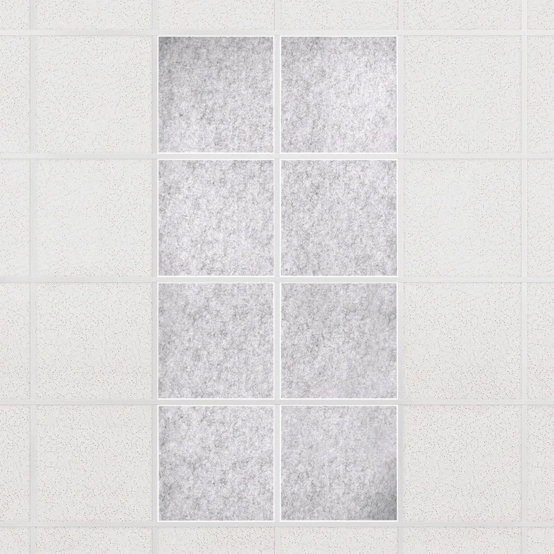Colorblock felt drop ceiling tiles in solid Nickel, set of 8 in a 2 x 4 layout