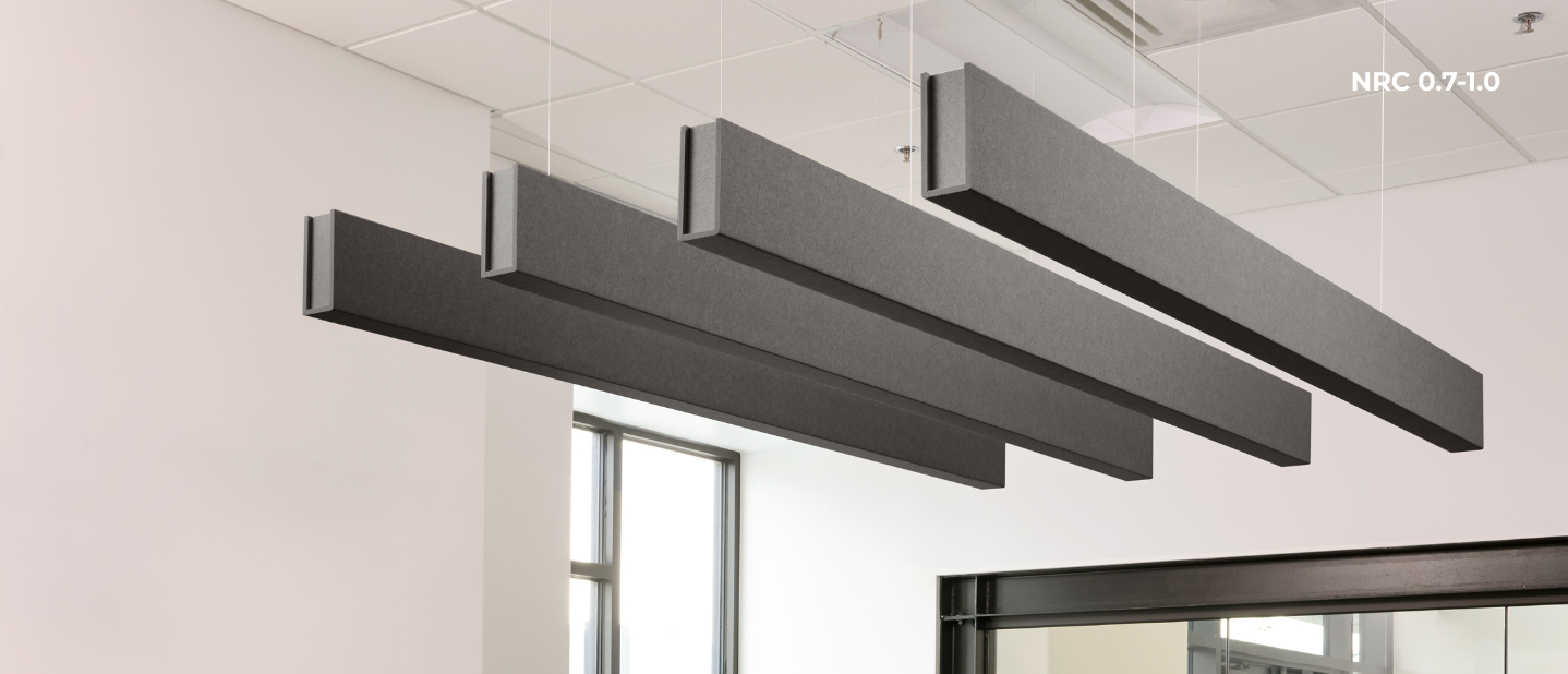 Modern ceiling acoustic beams in an indoor setting