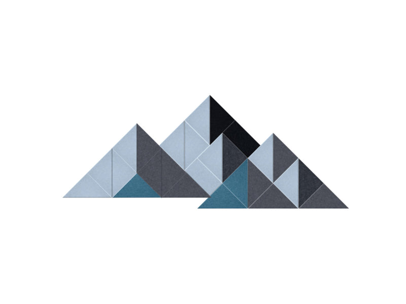 Geometric mountain design with blue and gray triangles on a white background