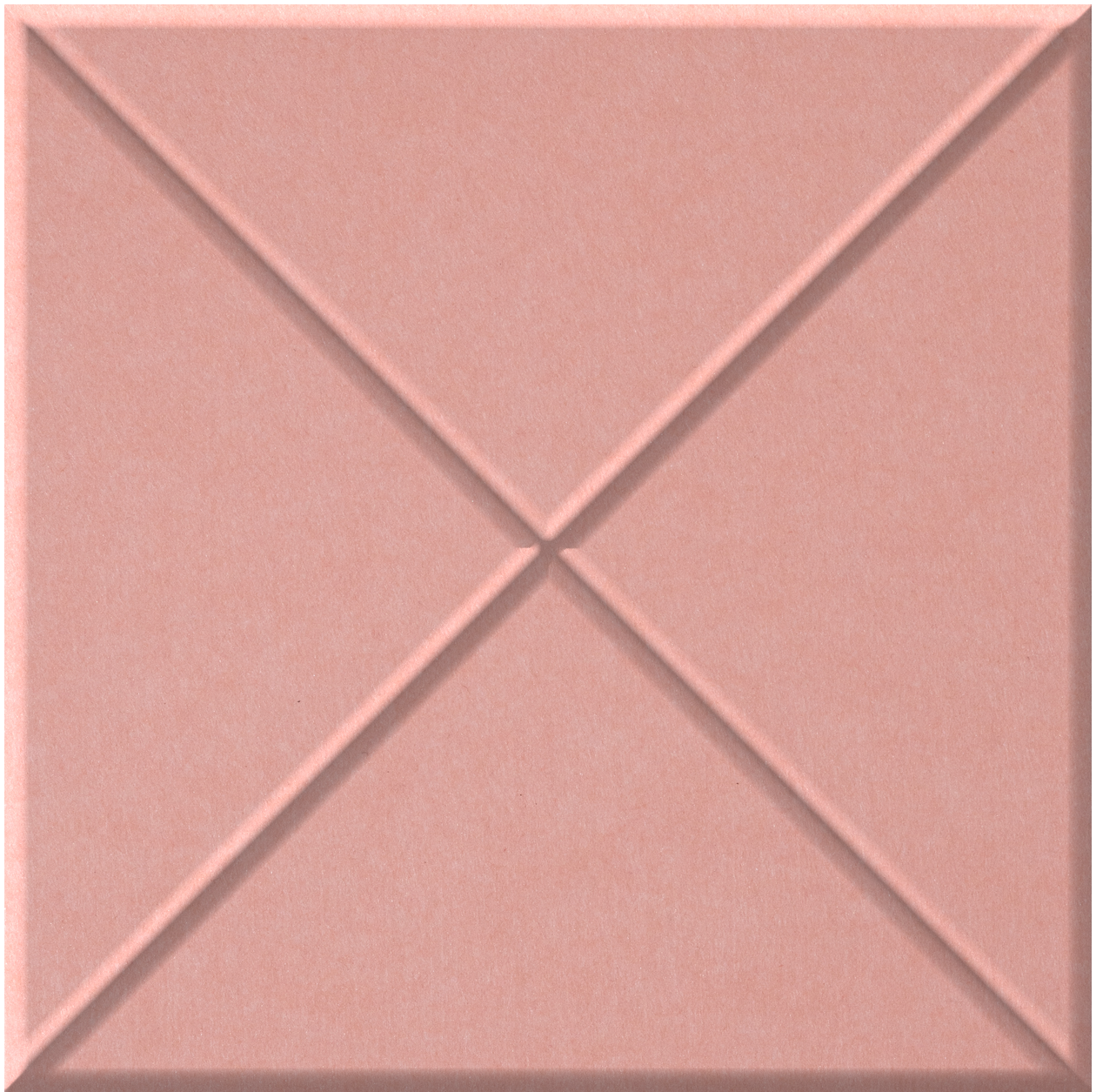 Dusty rose square tile with raised cross pattern dividing surface into four triangular sections.