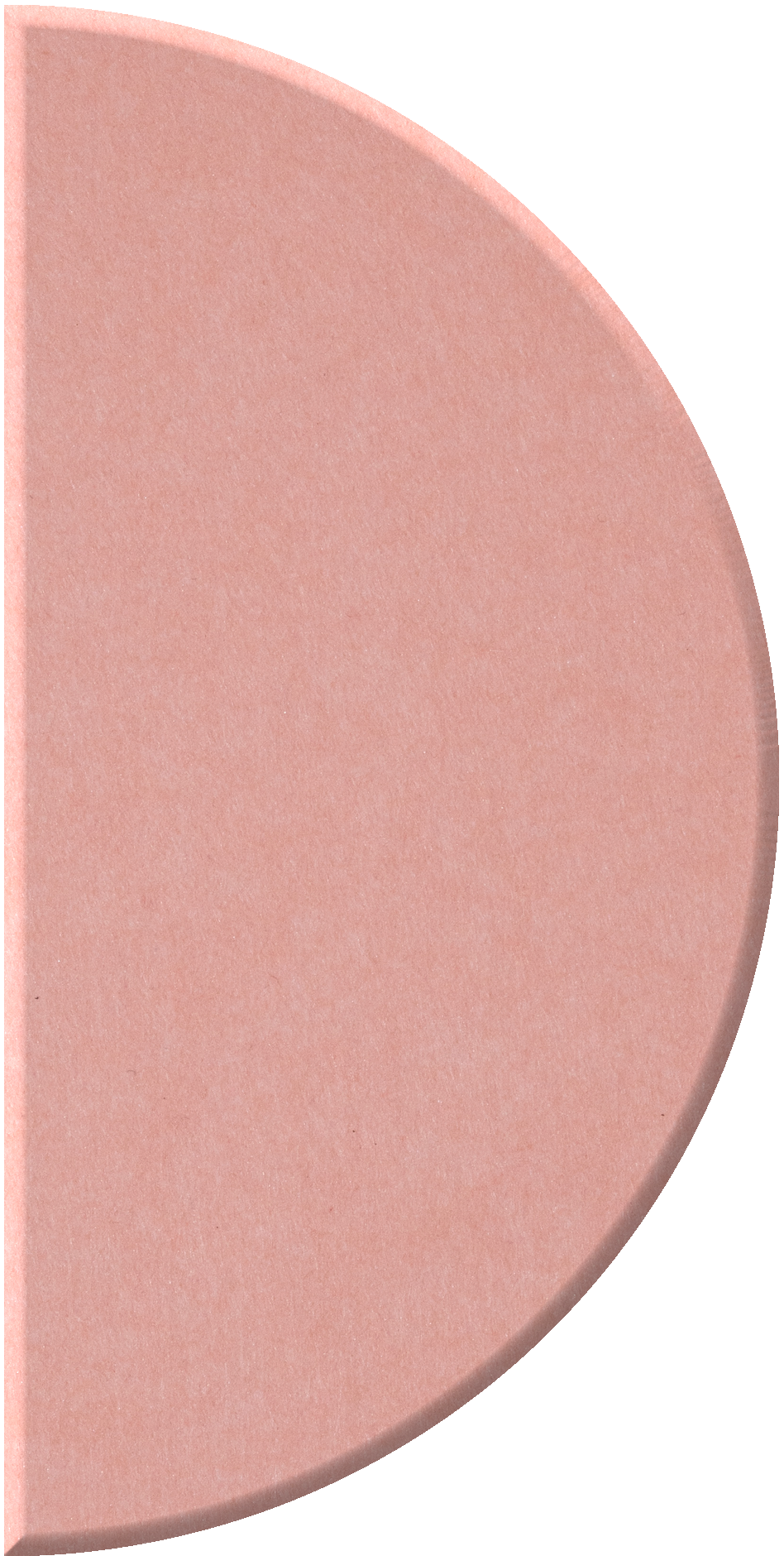 Half-circle ceramic tile in dusty rose pink with curved edge and flat back.