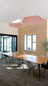 Two pink hexagonal acoustic panels suspended from ceiling in modern office conference room above wooden table.