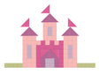 Pink and purple castle with triangular roofs on a white background