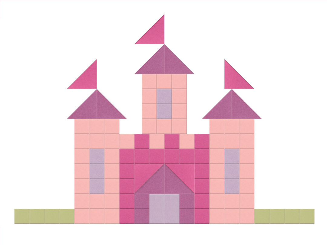 Pink and purple castle with triangular roofs on a white background