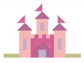 Pink and purple castle with triangular roofs on a white background