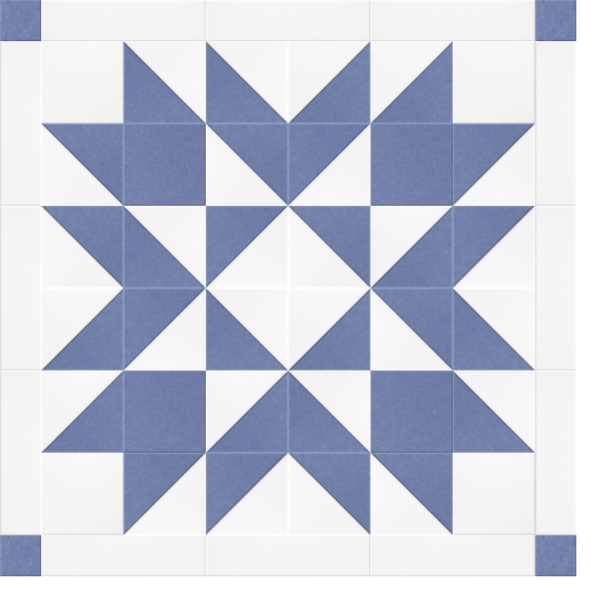 Blue and white geometric star quilt pattern with triangular patchwork design on cream background.