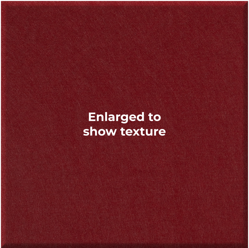 A close-up of a textured burgundy fabric surface with centered white text reading 'Enlarged to show texture'.