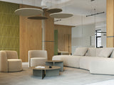 Office space with various hanging and wall mounted acoustic panels