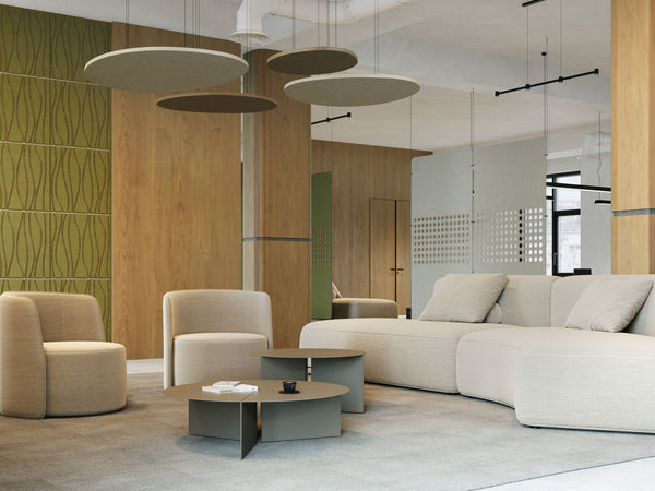 Office space with various hanging and wall mounted acoustic panels