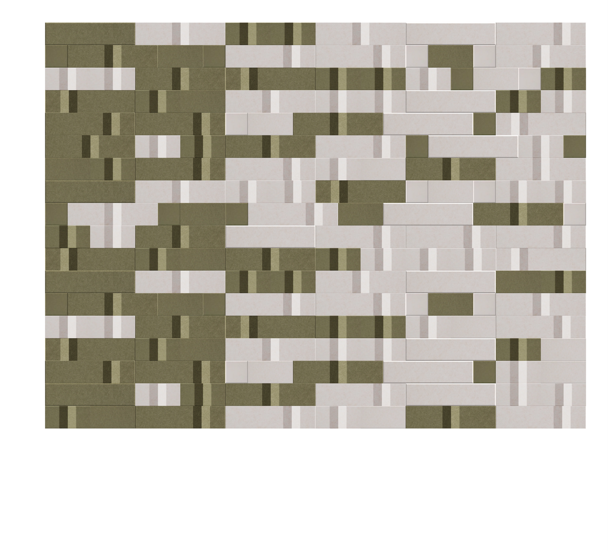 Abstract geometric pattern with olive green, white, and taupe rectangular tiles in staggered arrangement.
