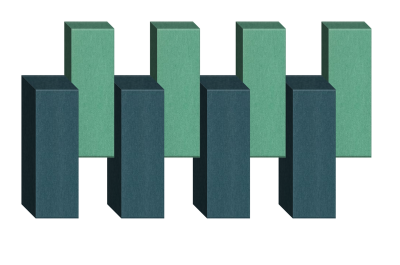 Four pairs of 3D rectangular blocks in dark teal and sage green arranged in alternating pattern.
