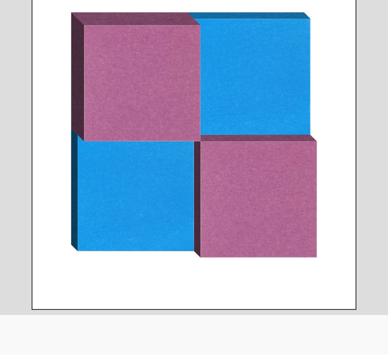 Four 3D cubes arranged in a grid pattern with alternating pink and blue faces.