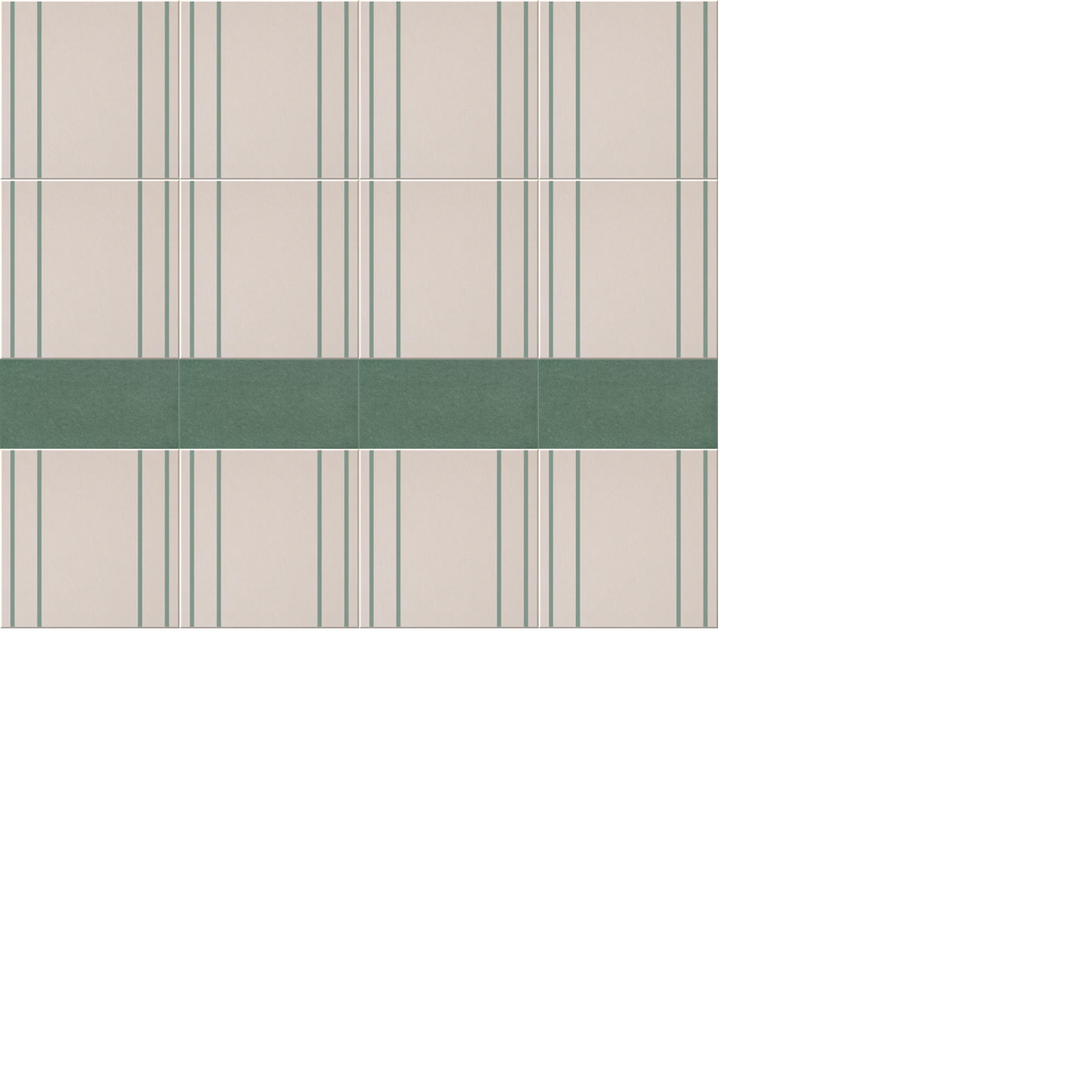 Beige and green pinstriped wallpaper with horizontal green stripe accent band across middle section.