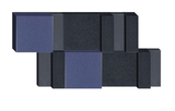 Abstract 3D composition with staggered blue and dark gray rectangular blocks arranged in two horizontal offset rows.