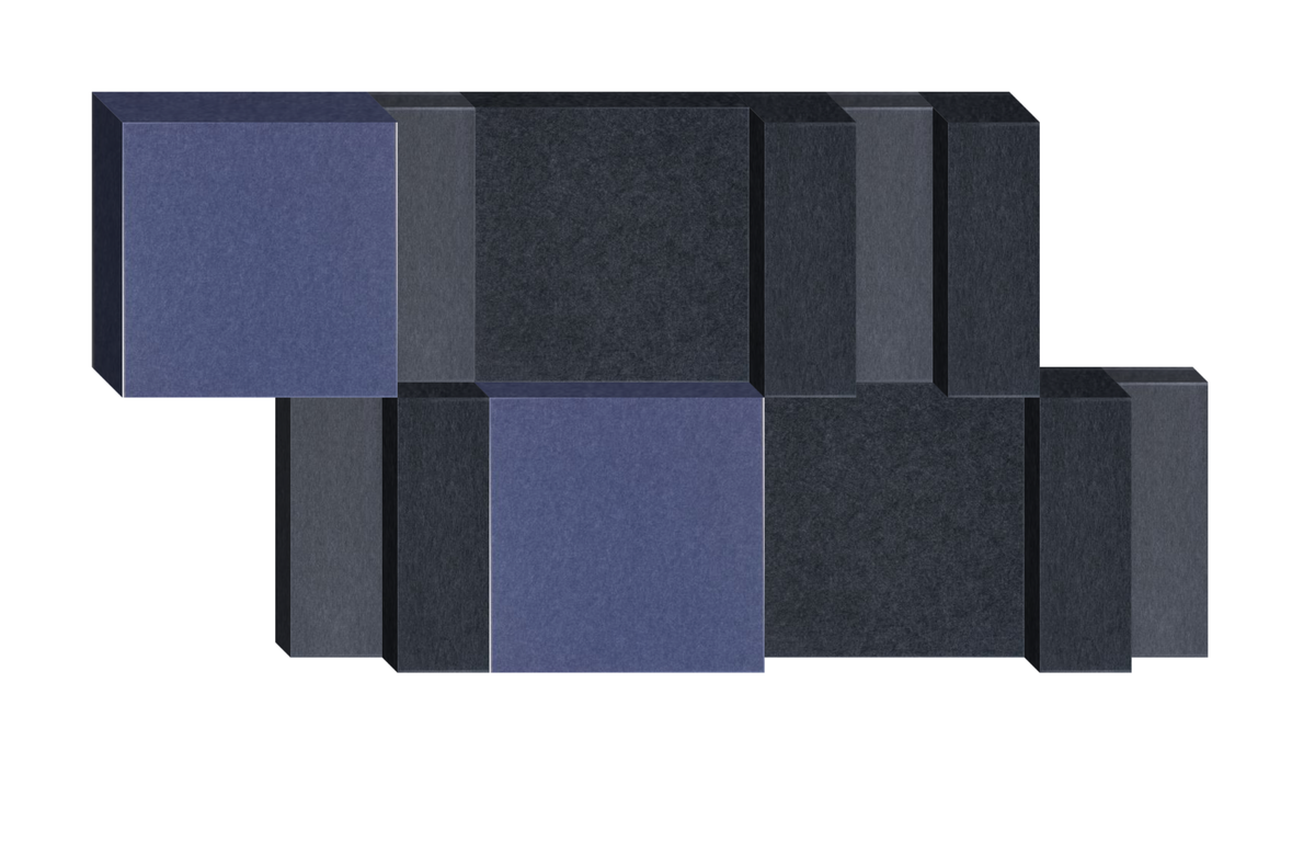 Abstract 3D composition with staggered blue and dark gray rectangular blocks arranged in two horizontal offset rows.