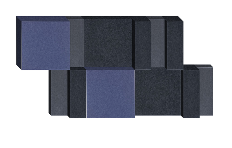 Abstract 3D composition with staggered blue and dark gray rectangular blocks arranged in two horizontal offset rows.