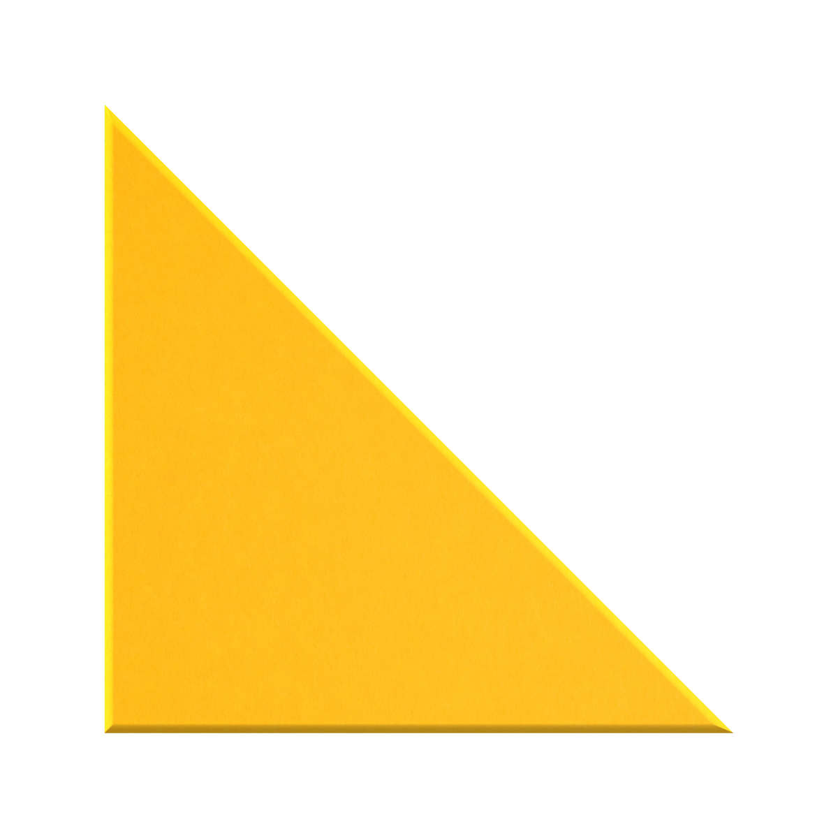 A bright yellow isometric triangle icon on a solid white background.