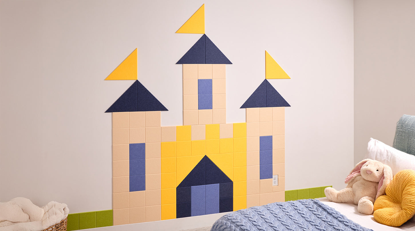 Children's room with a castle-shaped wall decoration made of colorful acoustic tiles.