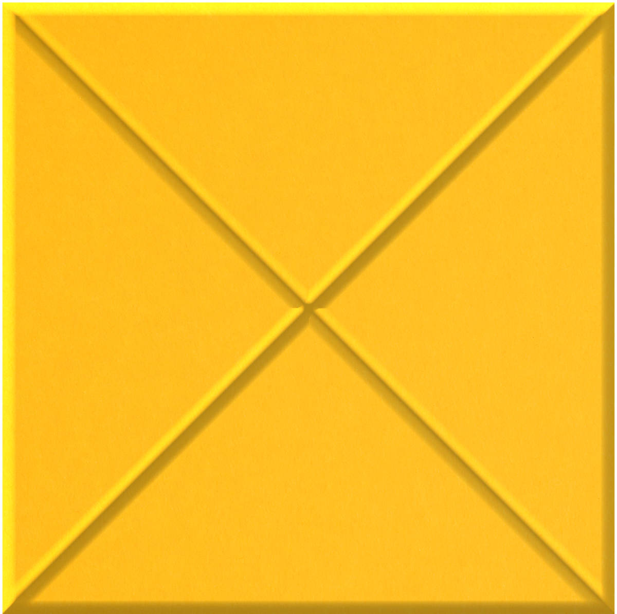 Bright yellow square tile with raised diagonal cross pattern creating four triangular sections.