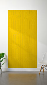 Bright yellow felt sheet with engraved geometric arch and vertical line pattern.