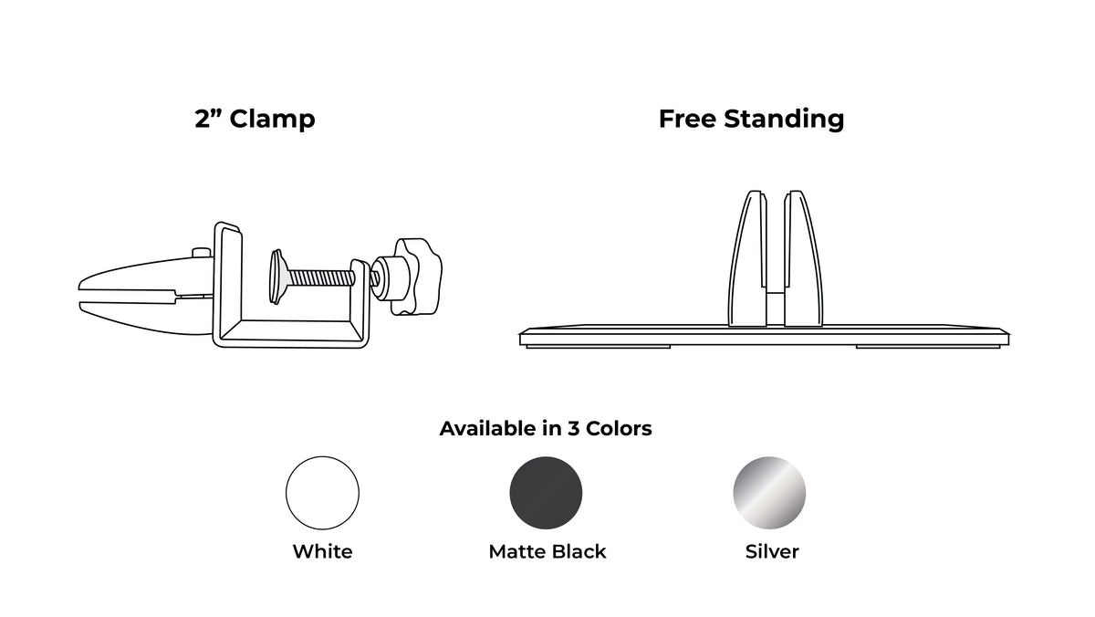 Desk Divider Hardware Options: 2" Clamp, 3/4", Free Standing