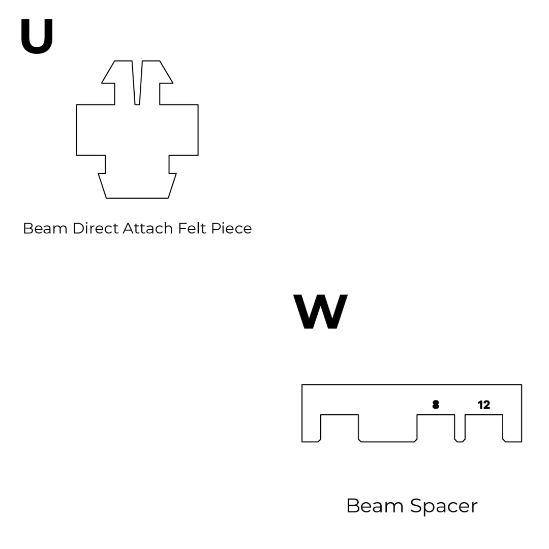 Beam direct attach felt piece and beam spacer hardware components shown in technical line drawings.