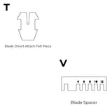 Blade direct attach felt piece and blade spacer hardware components shown in technical outline drawings.