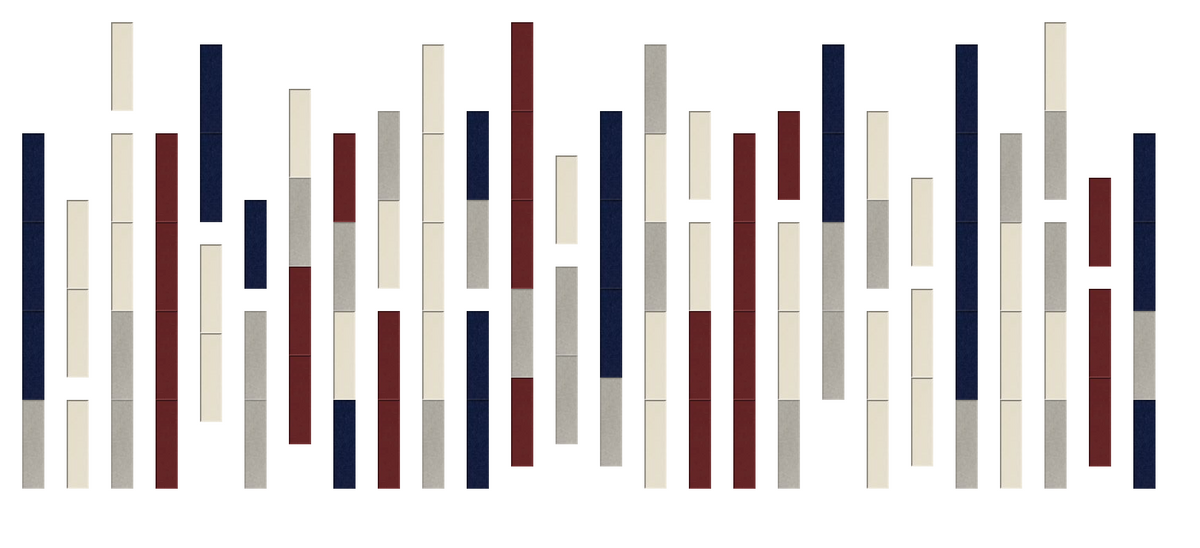 Vertical rectangular strips in navy, burgundy, gray, and cream arranged in varying heights to create an abstract linear patte