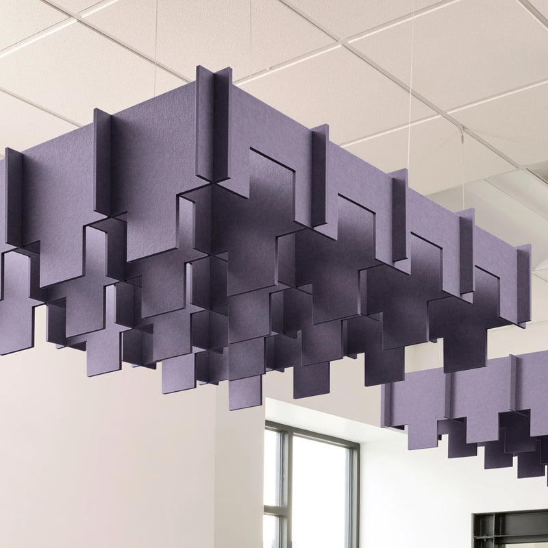 Drop 3D Cloud acoustic ceiling baffle in purple felt
