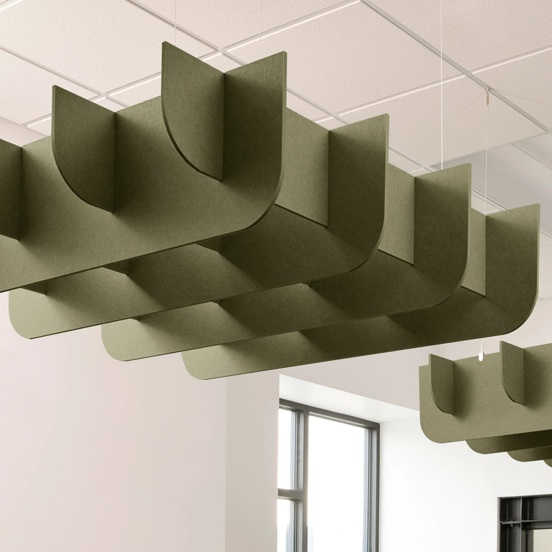 Drop 3D Cloud acoustic ceiling baffles in olive felt