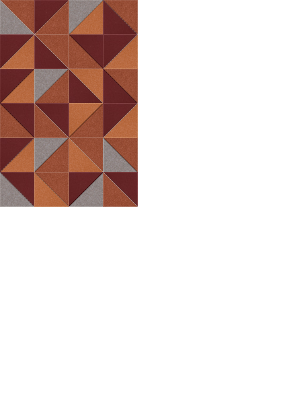 Geometric pattern with repeating diamond and triangular shapes in burgundy, rust, orange, and gray tones.